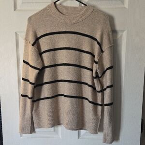 aerie Cream and Black Striped Crewneck Sweater